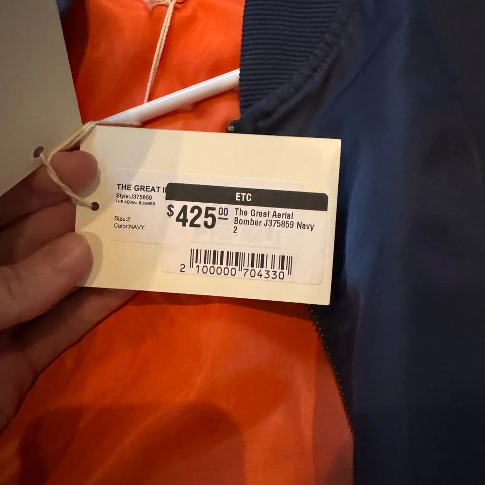 THE GREAT. Navy Bomber Jacket with Orange Lining NWT - Picture 3 of 11